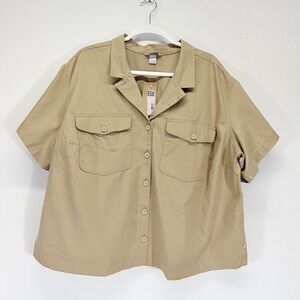 Eddie Bauer Short Sleeve Button-Up Boxy 100% Cotton Utility Camp Tan Shirt 2X